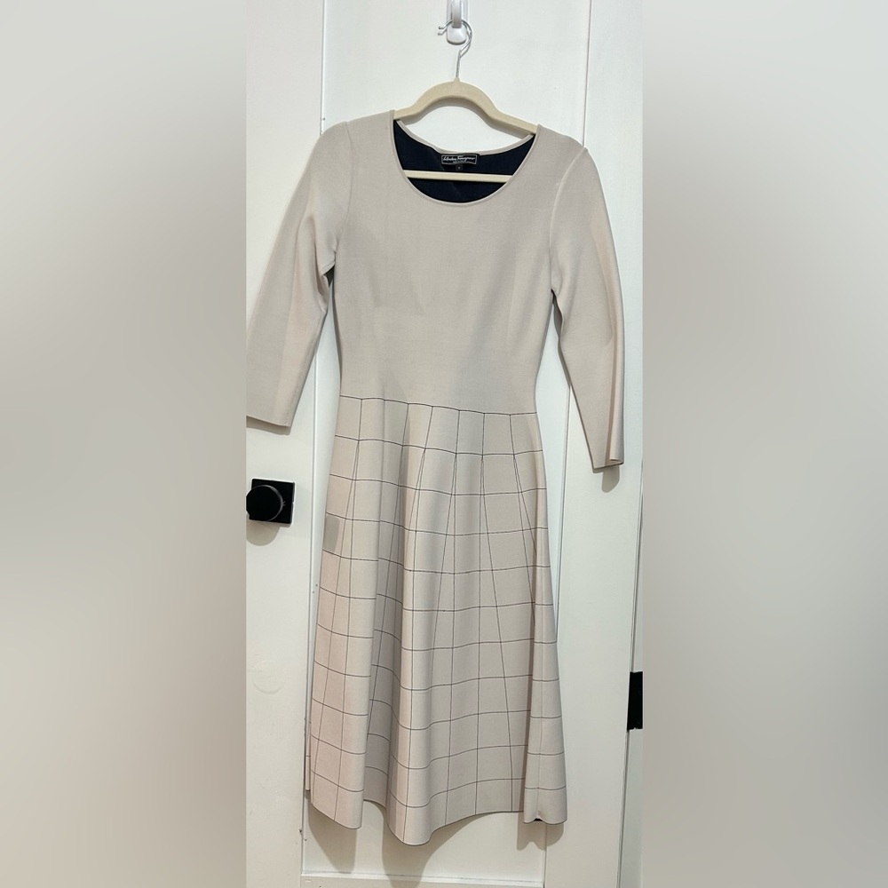 Salvatore Ferragamo Cream Long-Sleeve Fit & Flare Dress with Grid